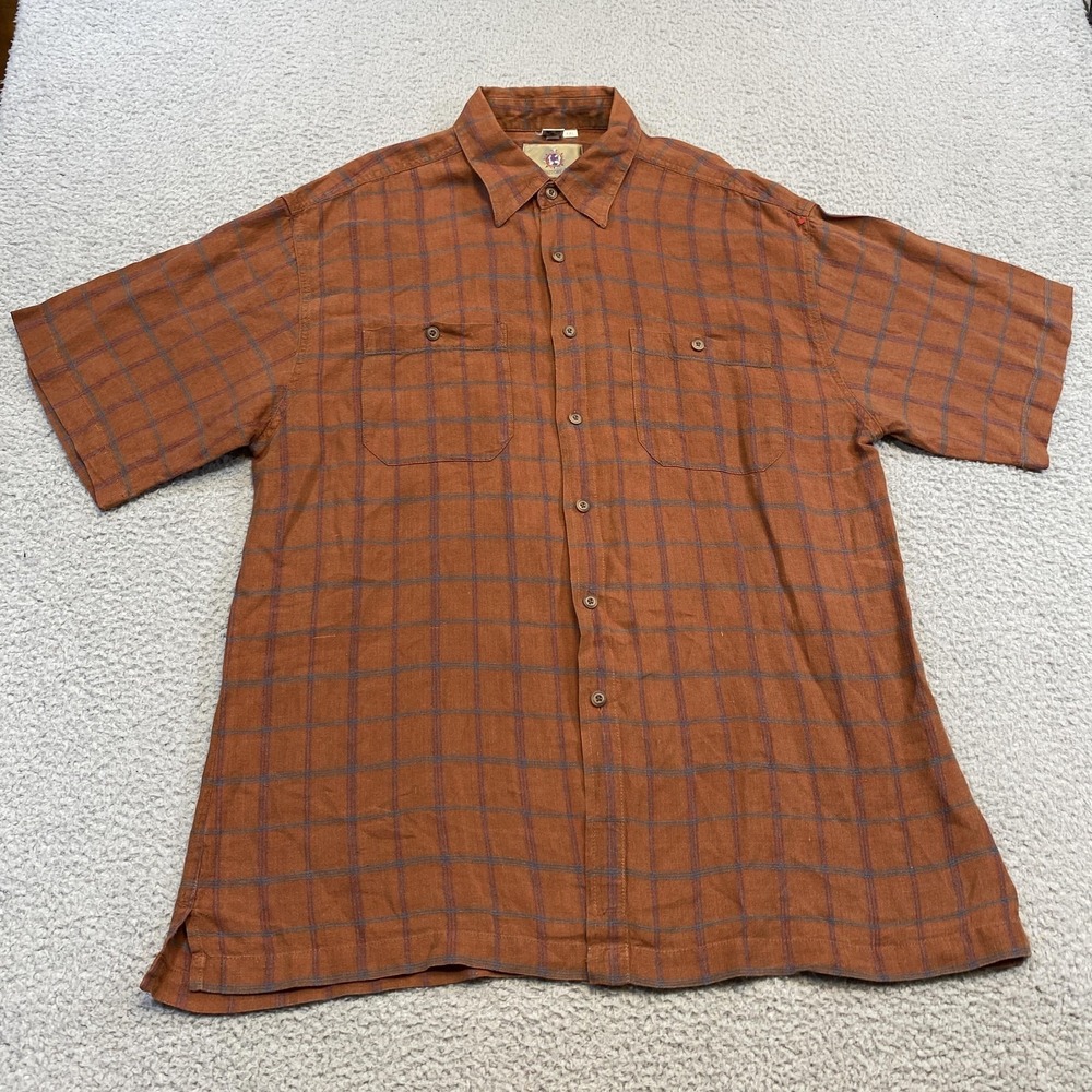Territory Ahead Shirt‎ Mens 2XL Brown Blue Plaid Linen Silk Camp Casual